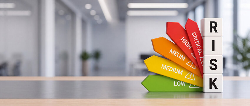 Risk assessment concept featuring colorful arrow indicators from low to critical levels with wooden blocks in a blurred office.