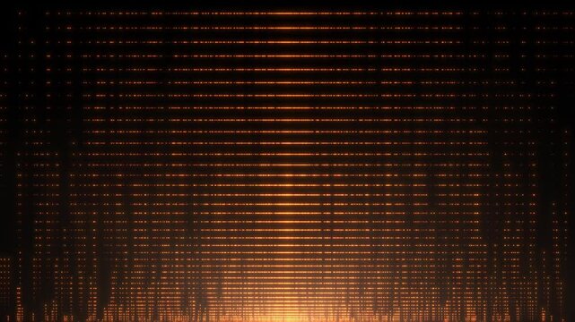 Abstract orange digital grid composed of glowing horizontal and vertical light lines on a dark background. The futuristic geometric pattern represents data processing