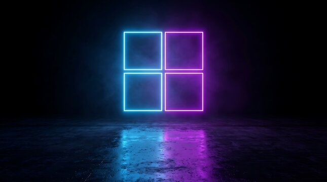Glowing neon square grid divided into four quadrants with blue and purple light reflecting on a dark wet concrete floor surface