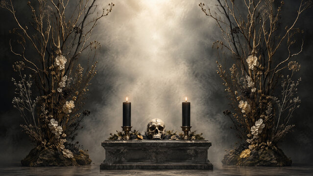 Gothic Halloween altar background with skull and burning black candles, mystical dark fantasy ritual scene for horror photo backdrop