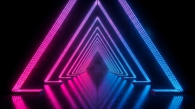 Glowing neon triangle tunnel with pink and blue led light strips, receding into a dark, reflective floor perspective, 3 d digital render