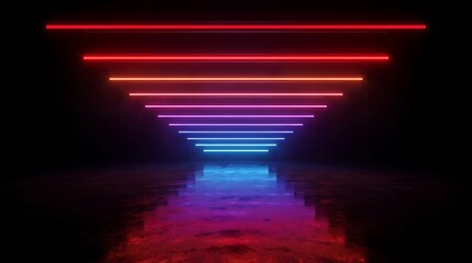 Fototapeta premium Horizontal neon light lines in red, purple, and blue gradient, reflecting on a dark textured ground surface in a tunnel perspective