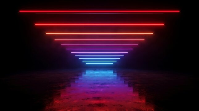Horizontal neon light lines in red, purple, and blue gradient, reflecting on a dark textured ground surface in a tunnel perspective