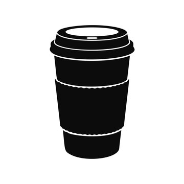 A black disposable coffee cup with a protective sleeve and a plastic lid