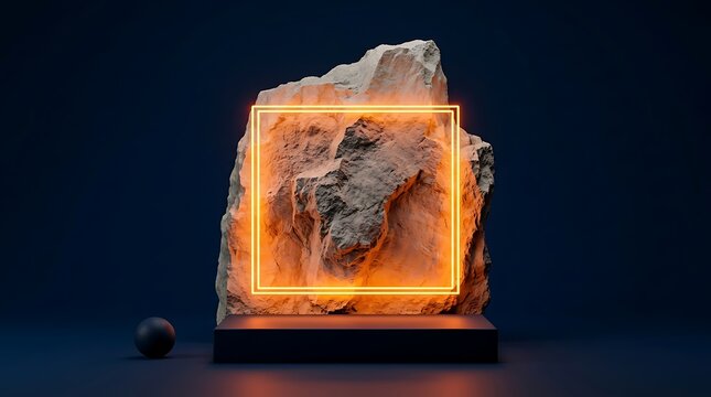 Large jagged rock formation on a black pedestal, framed by a glowing orange neon square against a dark blue background, with a small sphere
