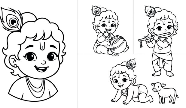 Cute Little Krishna Coloring Book Pages Set with Bal Gopal Character Eating Butter Playing Flute and Crawling Vector Line Art Illustrations for Kids