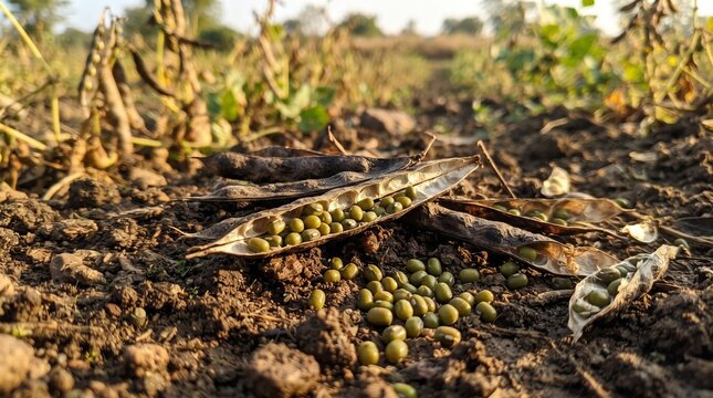 Dried mung bean pods opened to reveal green seeds on dark soil, highlighting natural agriculture, harvest and botanical textures in dramatic sunlight.