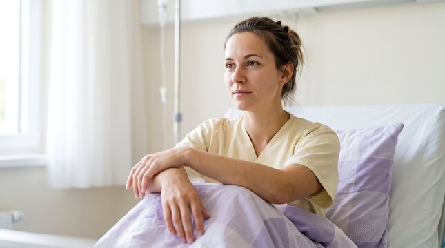 A young woman in a hospital gown sits in a hospital bed, looking thoughtfully out a window.