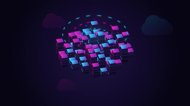 Abstract Digital Cube Cluster Animation with Glowing Neon Blue and Purple Particle HUD Light Effects