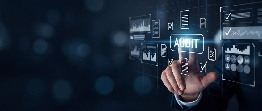 Businessman touching audit button on digital interface with financial data charts and checklists. Concept of corporate accounting, tax compliance, and internal business assessment.