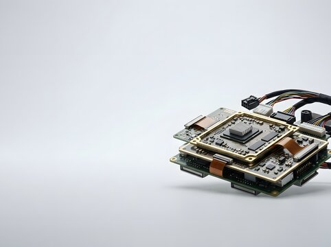 High-performance automotive electronic control unit ECU hardware with multi-layered circuit boards, silver heatsink, gold frames, and wiring harness on a clean white background.