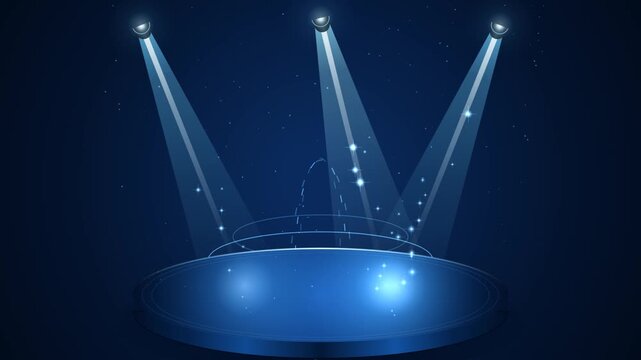 Blue Circular Stage Platform Illuminated by Three Bright Spotlights and Floating Digital Particles