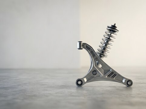 High-performance automotive suspension assembly featuring a CNC-machined metal control arm and coilover shock absorber with spring, isolated on a concrete floor in a studio setting.