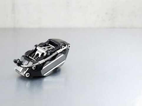 High-performance black and silver monoblock motorcycle brake caliper on a reflective metallic workshop surface. Precision engineered superbike component with braided lines and mounting bolts.
