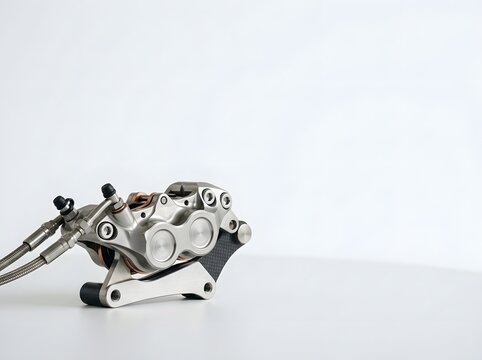 High-performance CNC machined monoblock motorcycle brake caliper with braided stainless steel lines and carbon fiber mounting bracket isolated on a clean white background.