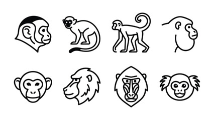 Fototapeta premium Monkey Icon Collection: A minimalist set of black and white line art depicting diverse monkey faces and postures, designed for clear visual communication and graphical use