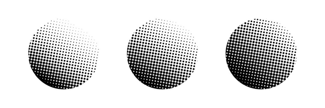 Halftone effect dot gradient spheres set is isolated on a transparent background, pattern, tone, half, abstract, halftone vector texture, mosaic, grunge, retro, vintage, geometric effect illustration

