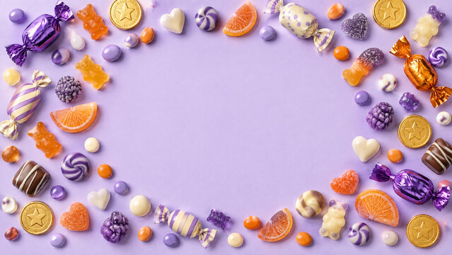 Colorful Halloween candy frame background with space for text, sweet confectionery arrangement, festive purple holiday treats
