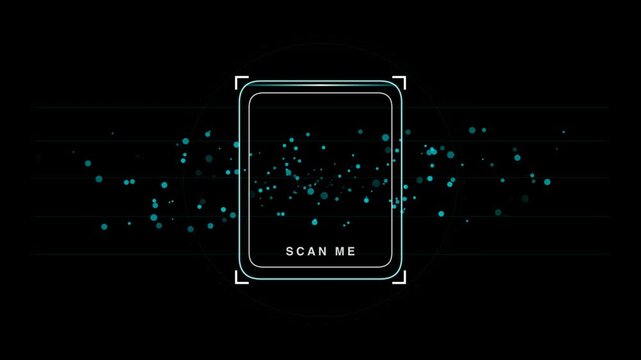 Digital Scanner Animation with Scan Me Text Overlay and Glowing Blue Particle Effects on Dark Field