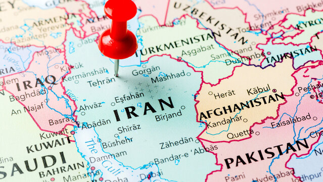 Iran map marked with red pin highlighting strategic geographic location.