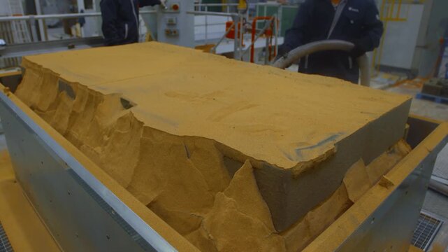 Industrial workers processing a large yellow material block inside a factory facility