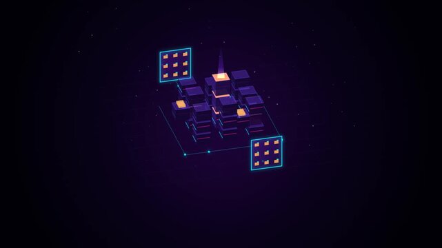 Futuristic 3D isometric data server architecture with glowing blue and orange digital city blocks