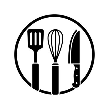 Kitchen utensils set inside a circular frame badge design with utensils