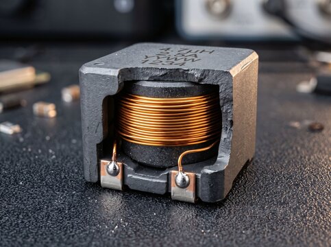 Cubic inductor electronic component with copper coil inside dark gray casing.