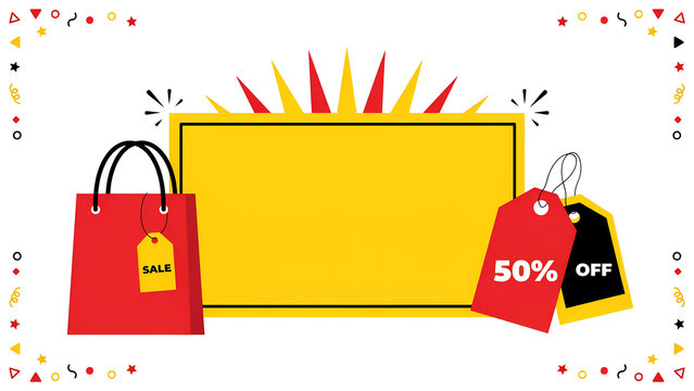 Flat vector illustration of a shopping bag and price tag ornament cluster, decorative starburst and 