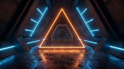 Fototapeta premium Triangular tunnel interior with glowing orange neon frame and blue linear light strips on dark metallic walls, sci-fi corridor perspective
