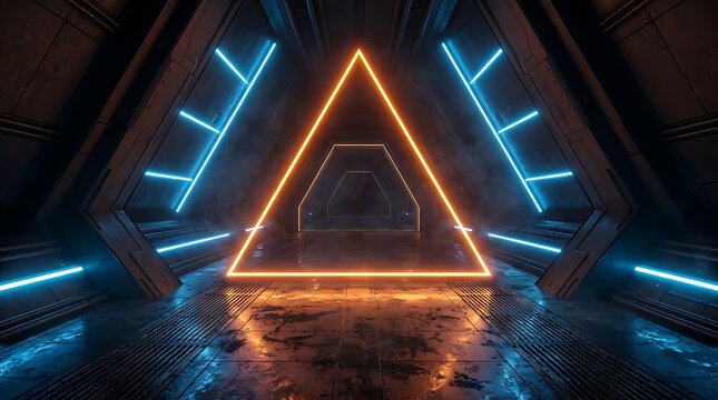 Triangular tunnel interior with glowing orange neon frame and blue linear light strips on dark metallic walls, sci-fi corridor perspective