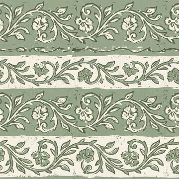 Scrolling Vine Border Seamless Pattern in Sage and Moss Block Print Textile Background