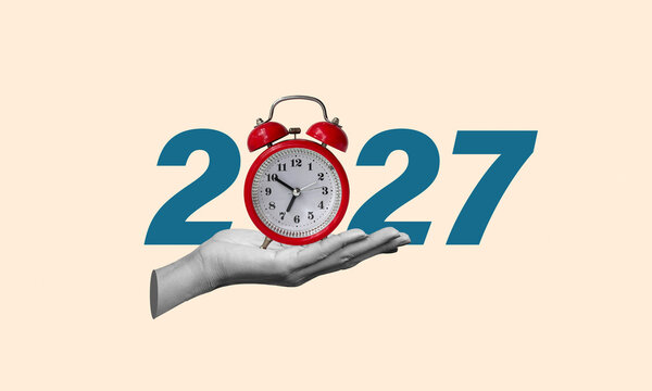Happy new year 2027 concept background. Happy new year 2027 with red alarm clock concept.