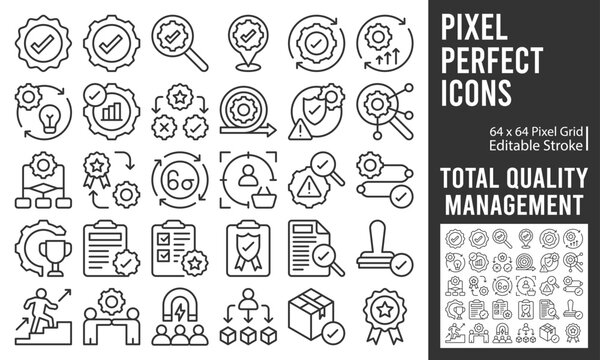 Total Quality Management Icon Set. TQM, Quality Assurance, Quality Control, Continuous Improvement, Lean Management, Six Sigma and Kaizen Lineal Vector Illustration Icons Collection. 