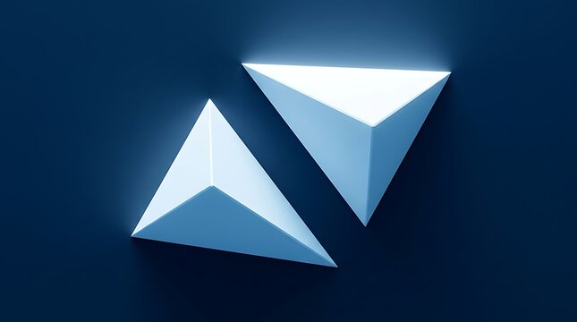 Two white triangular pyramid shapes floating against a solid dark blue background, minimalist geometric 3 d composition with soft lighting