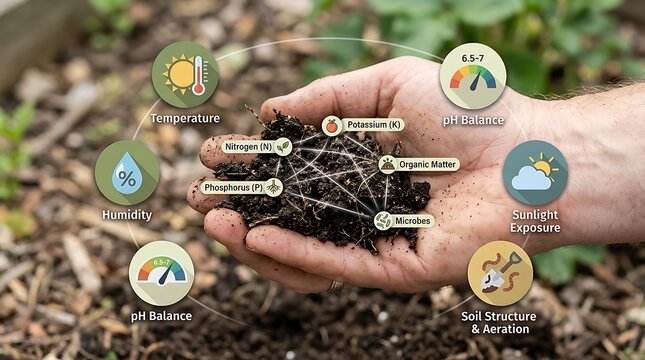 Human hand holding fertile soil with infographic icons representing agricultural environmental and soil quality factors