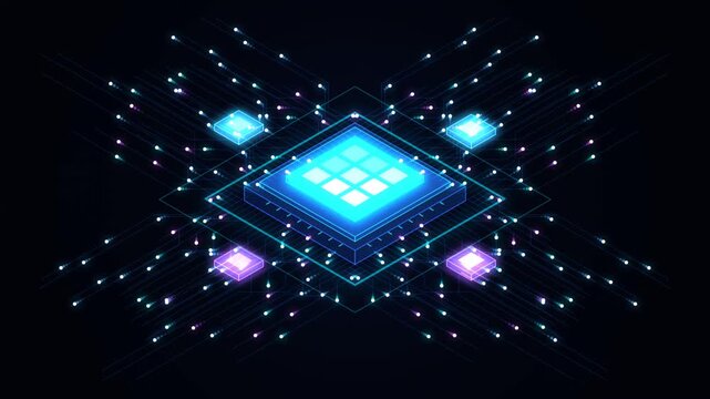Futuristic Digital Microchip Processor Loop Animation with Glowing Neon Light Data Transfer Particle