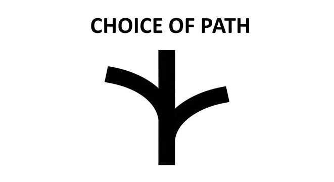 Black fork in the road icon with choice of path text isolated on a transparent background