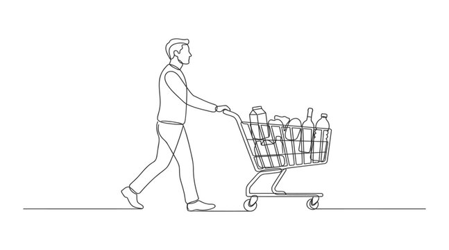 Continuous line drawing of a person pushing shopping cart with grocery shopping supermarket shopper one line