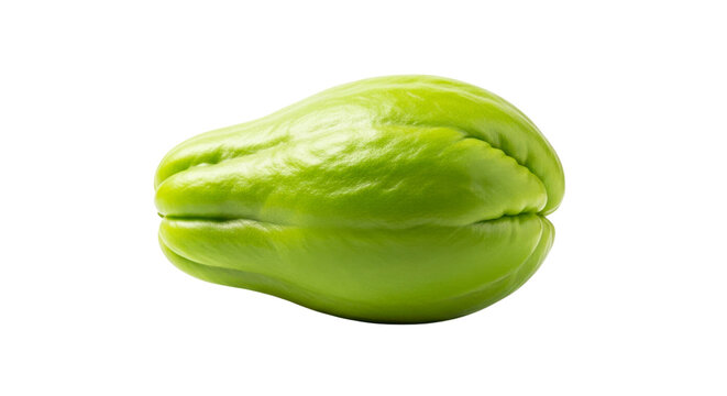 Single fresh chayote squash on a white background