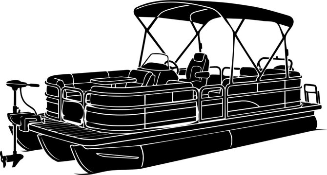 Black silhouette of a pontoon boat with trolling motor flat isolated vector design