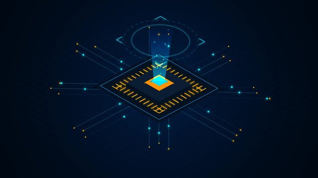 Futuristic isometric microchip with glowing blue and orange data circuits on a dark background