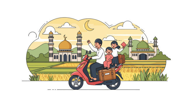 Father riding red scooter with children for Eid holiday.
