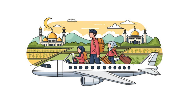 Travelers boarding airplane for Eid homecoming mudik trip.