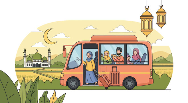 Muslim families traveling by bus for Eid holiday.