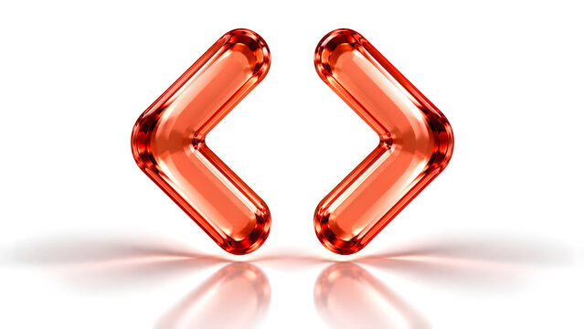 3d render of glossy red metallic chevron arrows pointing left and right isolated on white background
