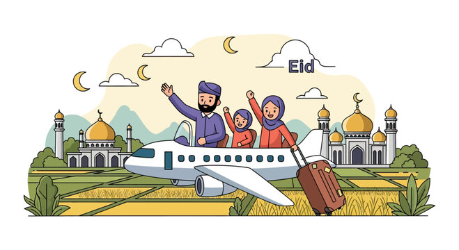 Muslim family waving from airplane wing for Eid