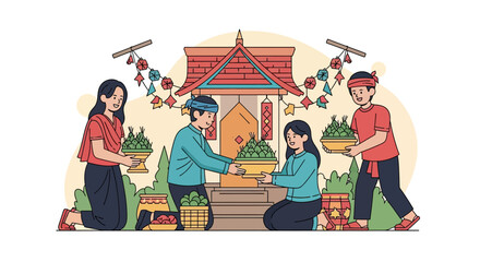 Obraz premium Southeast Asian people offering food at a traditional shrine.
