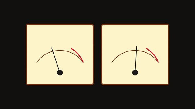 Dual analog vu meters moving needles gauges monitoring audio levels and signal strength animation 4k