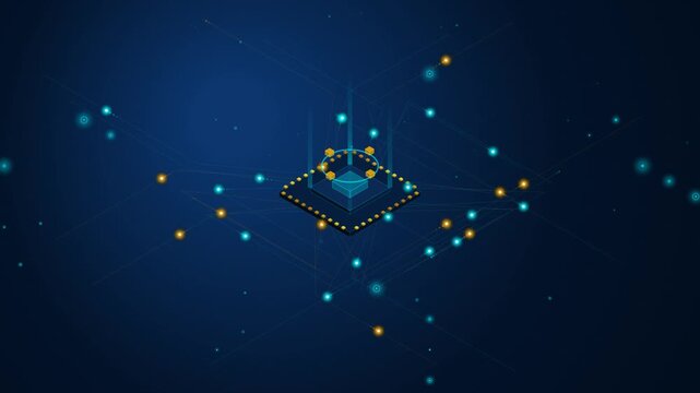 Isometric microchip processor animation with glowing network connections on blue background